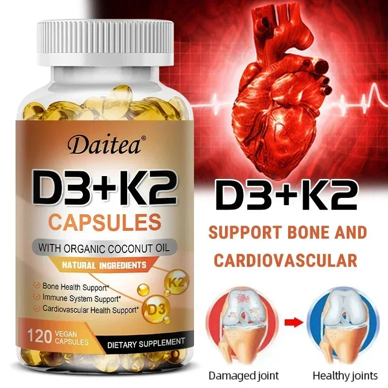 Vitamin D3+K2 - D3 (5000IU) K-2 (200MCG) Bone, Immune, Cardiovascular - Non-GMO, Vegan, Natural, Gluten-Free, Health Supplement