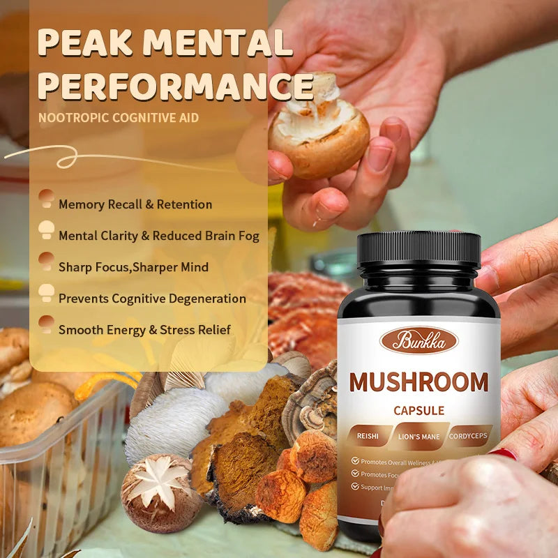 Original Mushroom Complex Capsules with Lions Mane Chaga Cognitive Brain Function Stress Relieves Beauty Health Diet Supplement