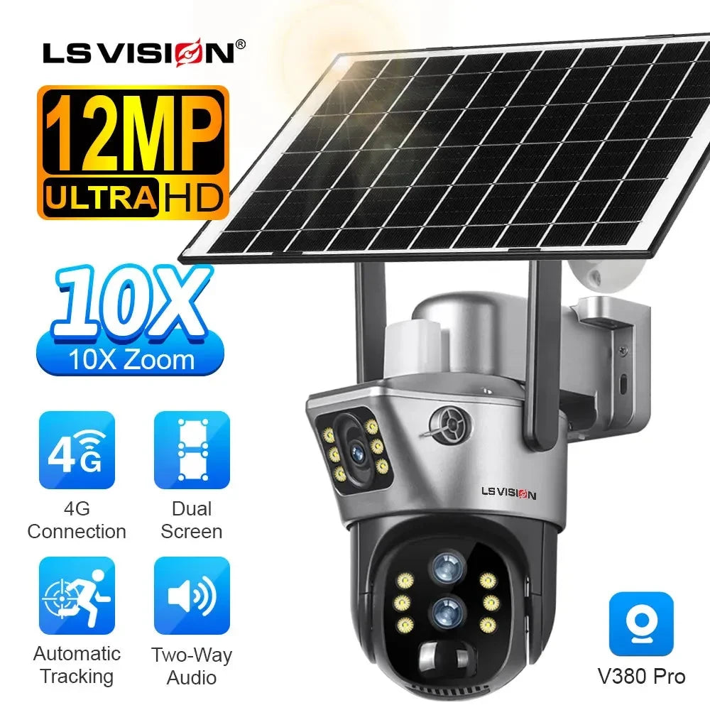 LS VISION 6K 10X Zoom 4G Sim Dual Screen Solar Powered Camera Outdoor Three Lens PTZ Auto Tracking Security Cameras V380 Pro APP