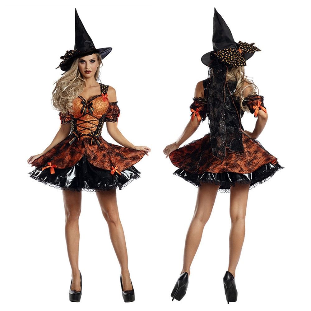 Witch Costume Women Halloween Cosplay Fancy Dress Hat Carnival Festival Outfit Party Performance Clothes Nightclub Rave Wear