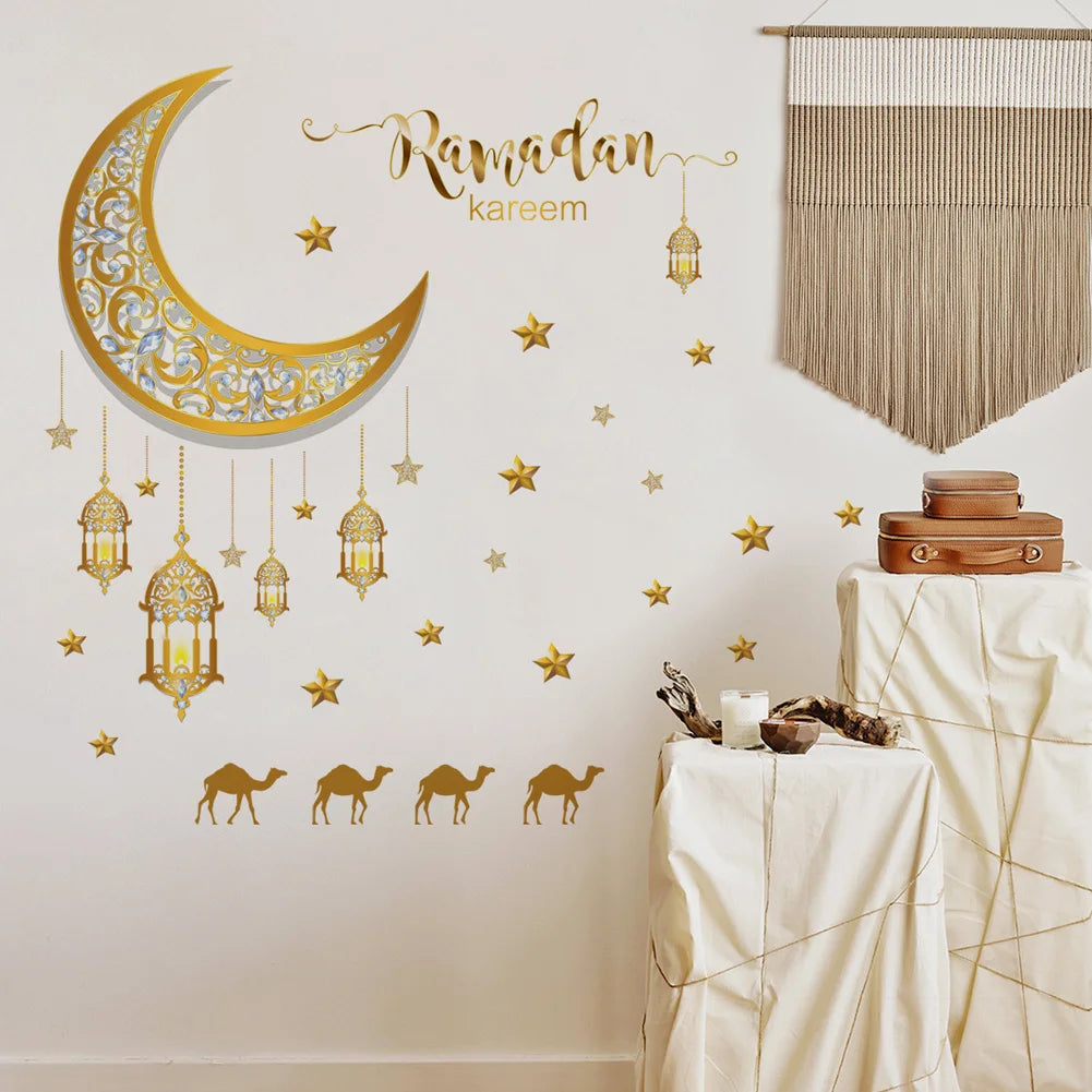 Crescent Star Lamp Wall Stickers Living Room Bedroom Background Home Decoration Wallpaper For Ramadan Decor Self Adhesive Decals