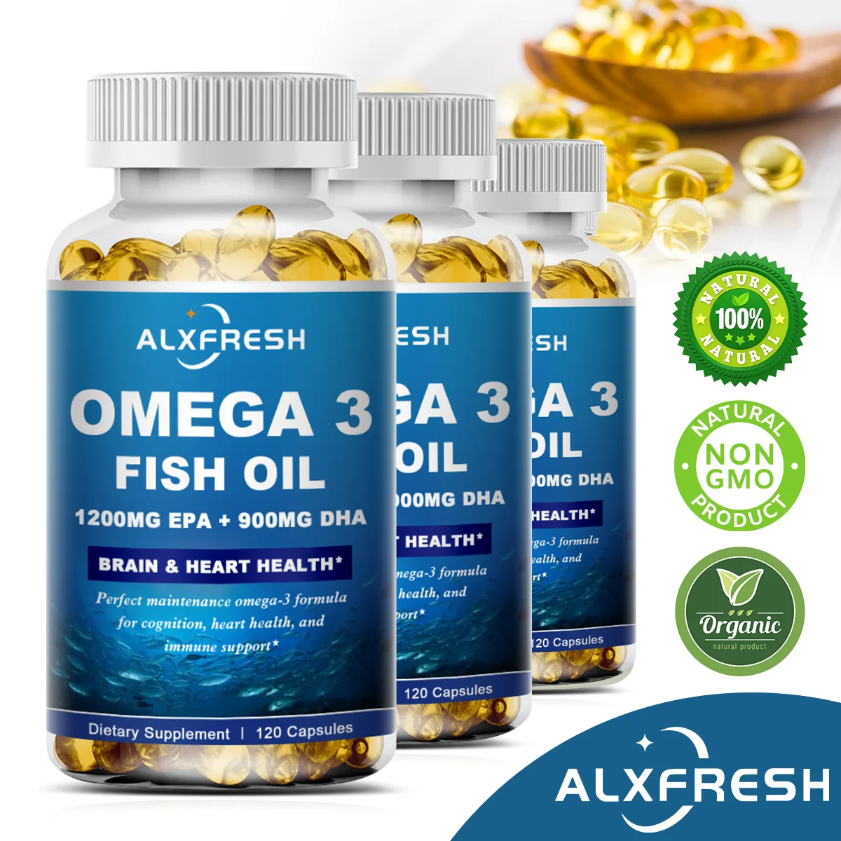 Alxfresh Omega 3 Fish Oil –3600mg High EPA 1300mg DHA 900mg–120/60 Capsule Dietery Supplement Health Support Non-GMO Gluten Free