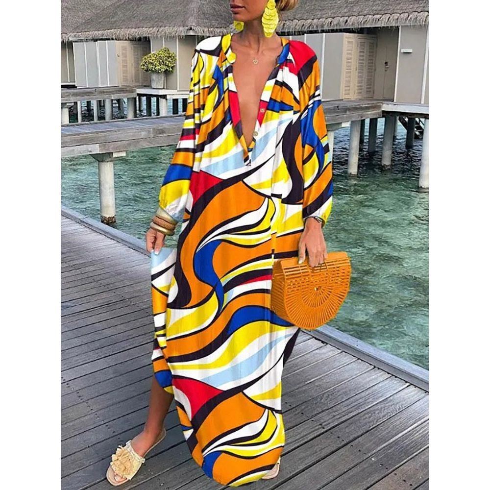 Women Boho Print Beach Cover Up 2023 Summer Sexy Deep V-Neck Long Sleeve Long Dresses Female Vintage Maxi Dresses Elegant Robe