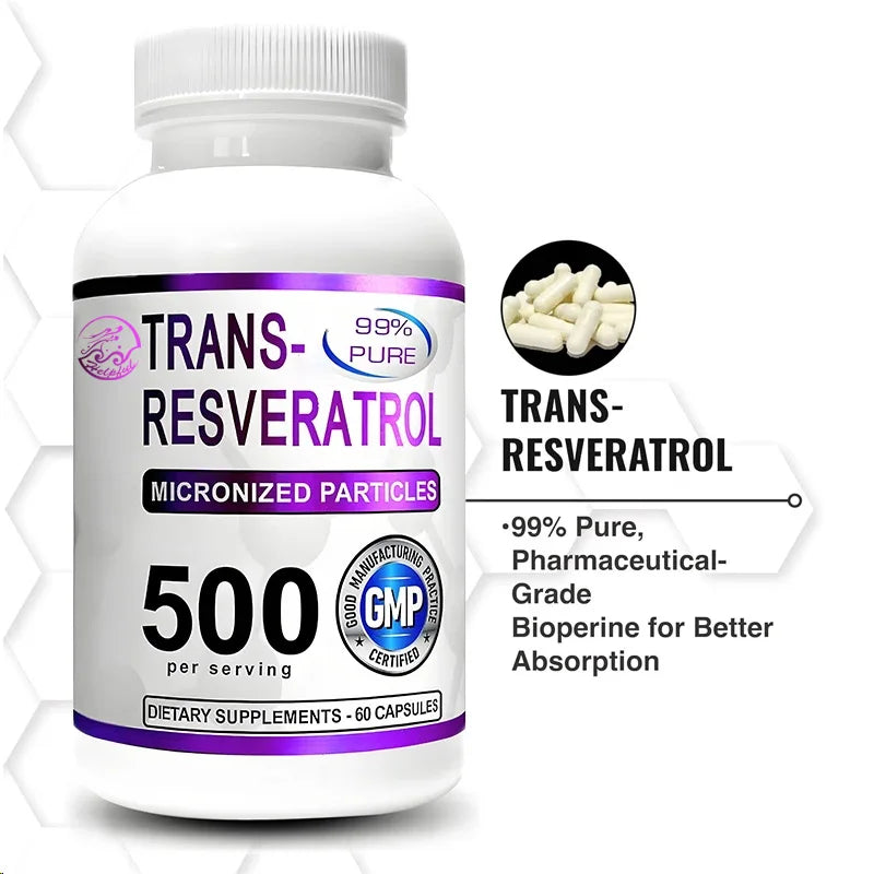 Trans Resveratrol 500mg Supplement 99% Pure Trans Resveratrol Extract+Pepper High Absorption 60 Capsules Vegetarian Capsules