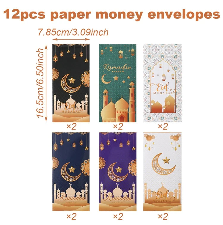 12Pcs Eid Mubarak Money Envelopes Gift Card Holder Ramadan Mubarak Decor 2025 Islamic Muslim Eid Al-fitr Invitation Supplies