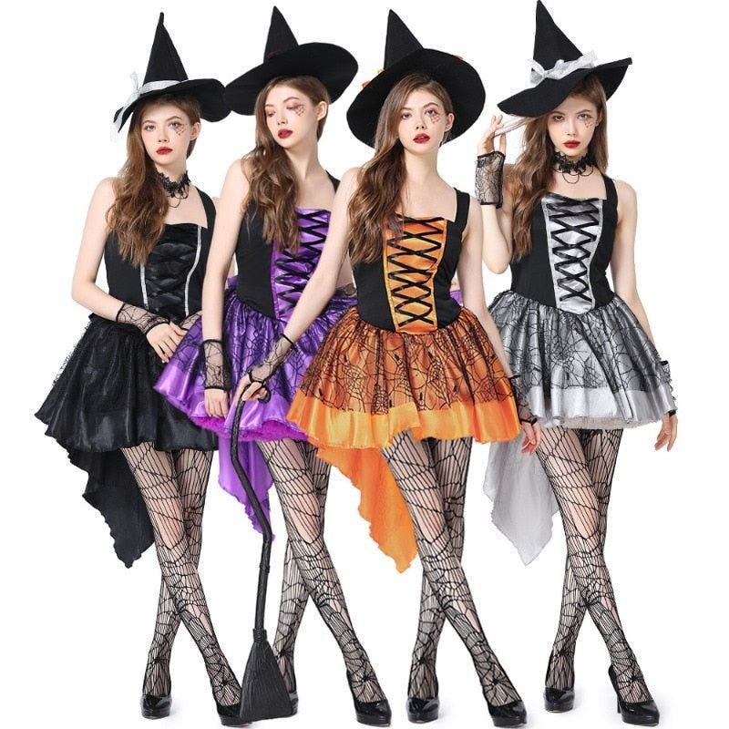 Halloween Purple Orange Sexy Mesh Strap Witch  Costumes for Women Adult Fantasy Witch  Party Cosplay Carnival  Performance Dress