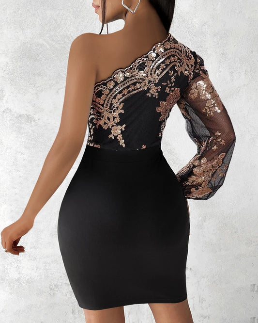 Women Floral Pattern Contrast Sequin One Shoulder Bodycon Party Dress