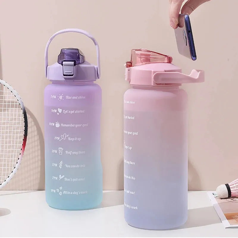 Motivational Cute Water Bottle 2 Liters Straw Sport Drinking Bottles with Time Marker Gym Outdoor Travel Cup for Girl Kids termo