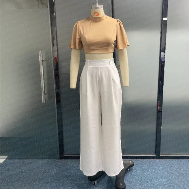 Women Two Piece Set Casual Ruffled Short Sleeve High Waist Solid Top Straight Loose Pants Sets Streetwear Without Belt