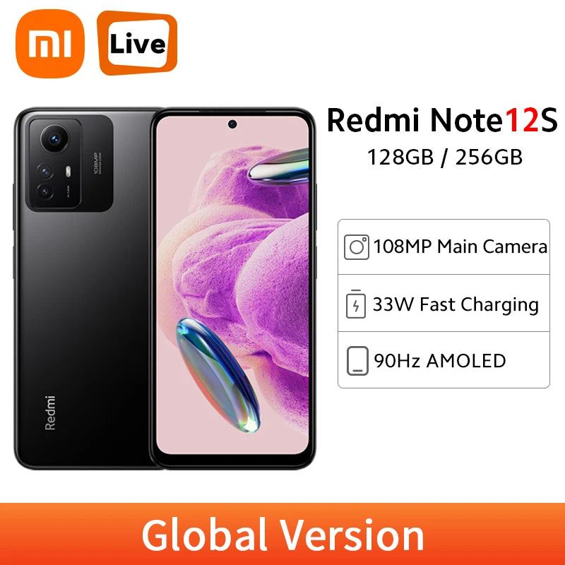 Global Version Xiaomi Redmi Note 12S 128GB/256GB Smartphone 108MP AI Triple Camera AMOLED Display 5000mAh 33W Fast Charging