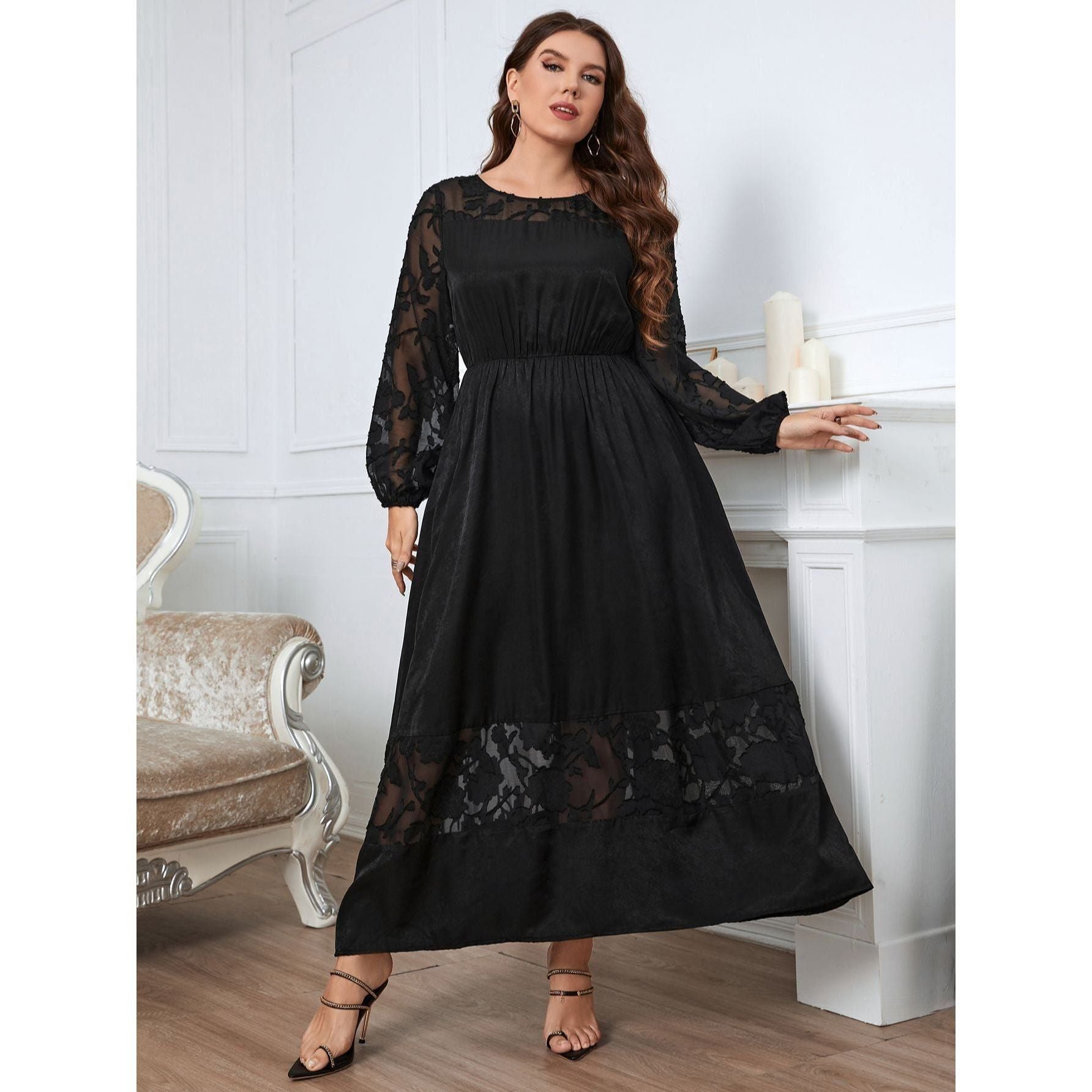 Plus Size Women Clothing Black O Neck Lace Long Sleeves Maxi Dress Ladies Elegant Casual Large Size Dresses - Jointcorp