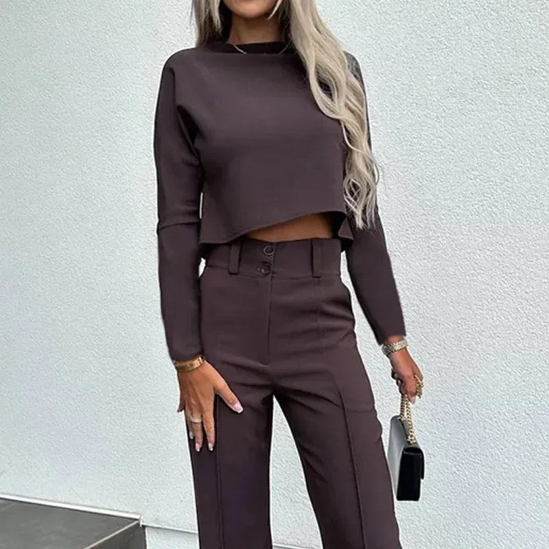 Women Two Piece Set Autumn Office Simple Solid Crew Pullover Long Sleeve Top Loose Wide Legs With Pockets Pants Sets