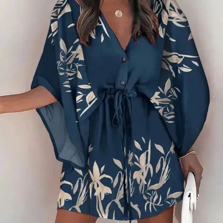 Summer Casual Dress Women Fashion Flying Sleeve V-neck Print Beach Party Dresses Elegant Lace Up Mini Dress Robe Femme 2023 New