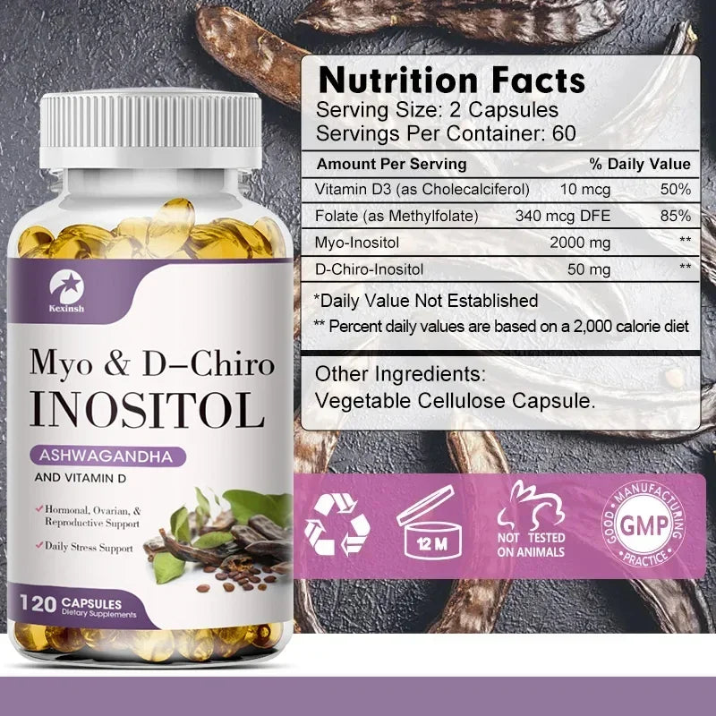 Myo-Inositol & D-Chiro Inositol Capsules 120 Vegan Capsules, Ideal Dosage for 40:1 Ratio Ovarian Health Balance Hormone