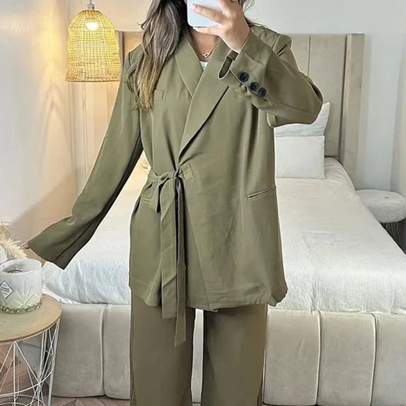 Women Blazer Suit Autumn Casual Solid Long Sleeve With Button Lapel Loose Lace Up Top Loose Pants Sets Streetwear