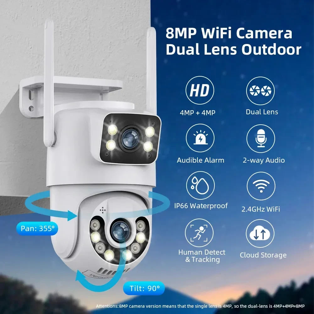 Surveillance PTZ Camera Dual Lens Dual Screen IP Camera Outdoor 4K UHD Auto Tracking Security Protection CCTV Wireless iCSee