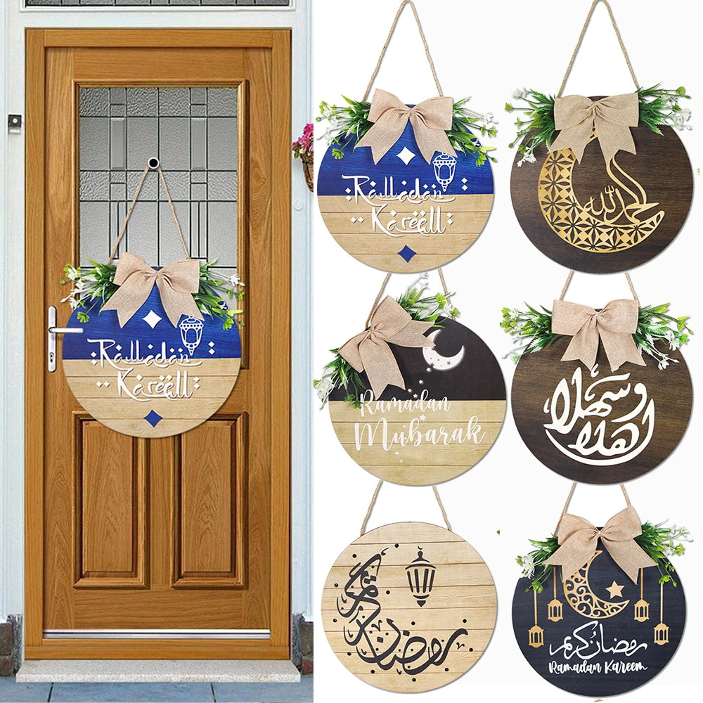 Ramadan Mubarak Door Wreath Round Wooden Hanging Sign Decor for Ramadan Kareem Decor Eid Mubarak Islamic Party Supplies