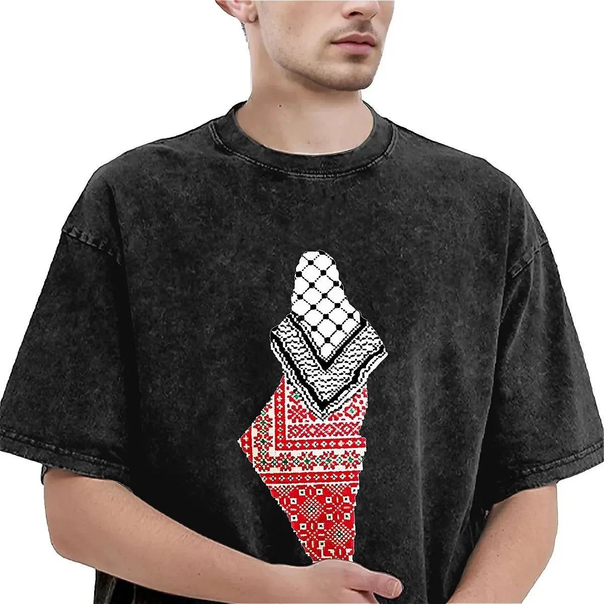 Vintage Washed T-Shirt Palestine Keffiyeh Map Cotton T-Shirts Palestine Cute Tee Shirt for Mens Summer Y2K Retro Design Tops