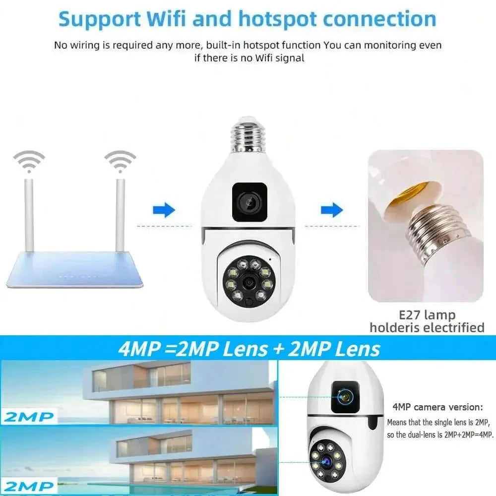 4MP E27 HD Dual Lens Bulb Camera WiFi Surveillance Night Vision 360 PTZ Camera Human Tracking Indoor CCTV Security Monitor