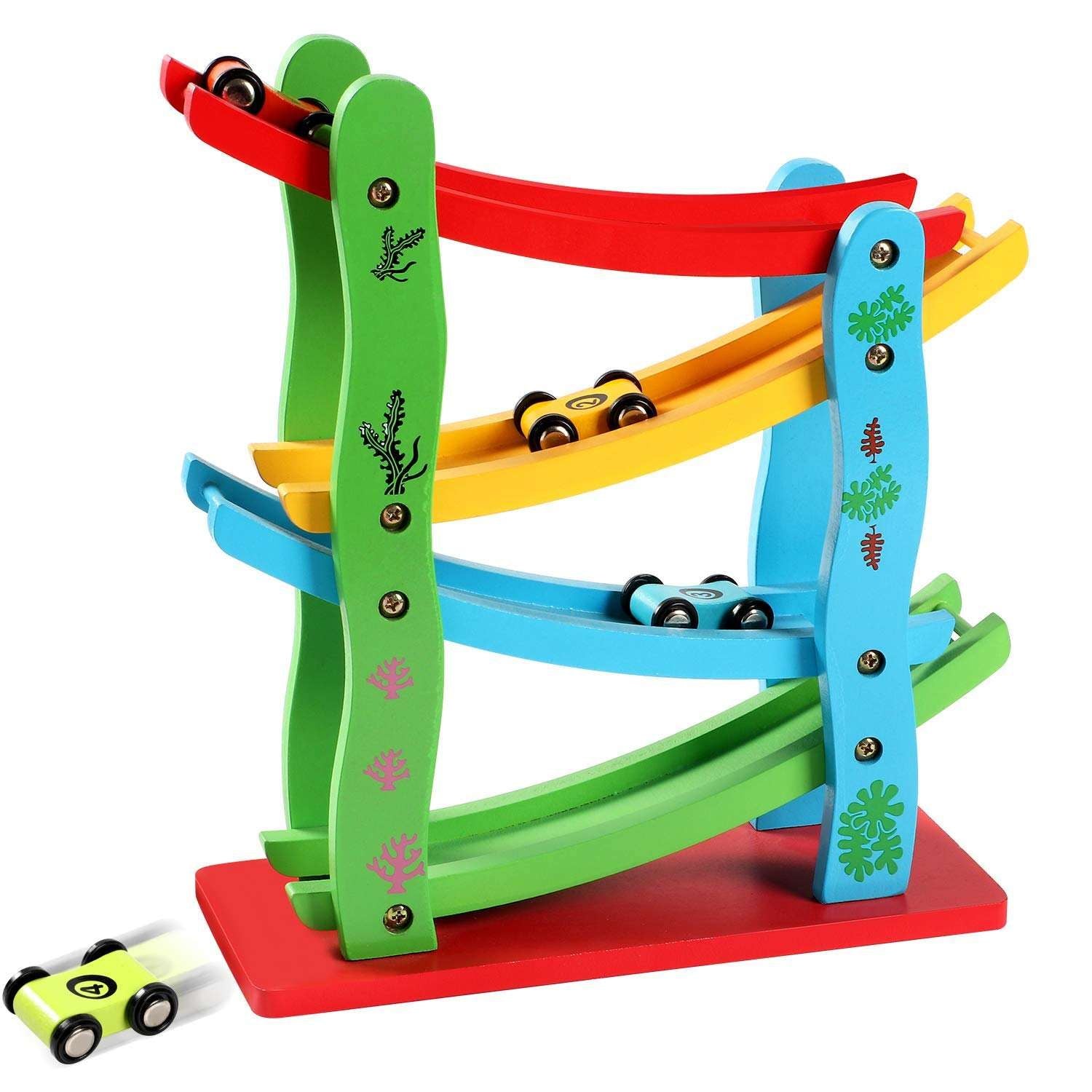 1pc Wooden Ramp Racer Toddler Toys Race Track Car Games for Kids Boys Girls Gifts with 4 Small Racers