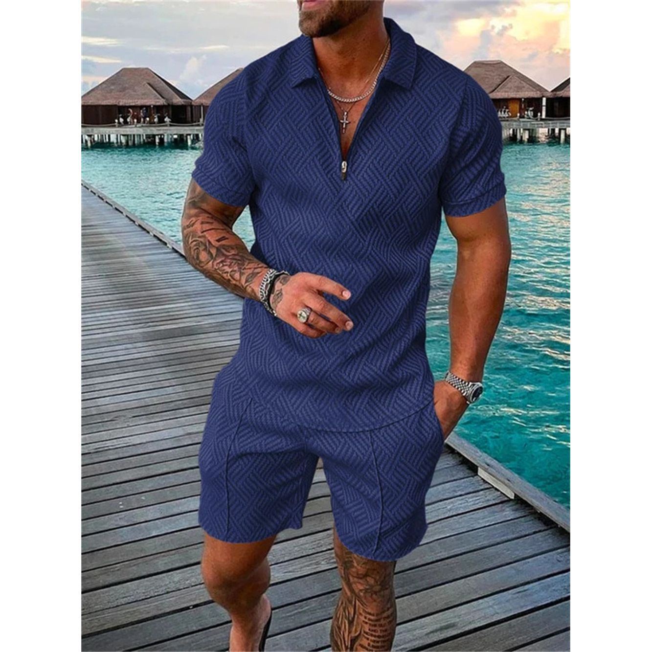 Men's Shorts Set Short Sleeve Zip Polo Shirt Street T-shirt Two Piece Casual Sportswear