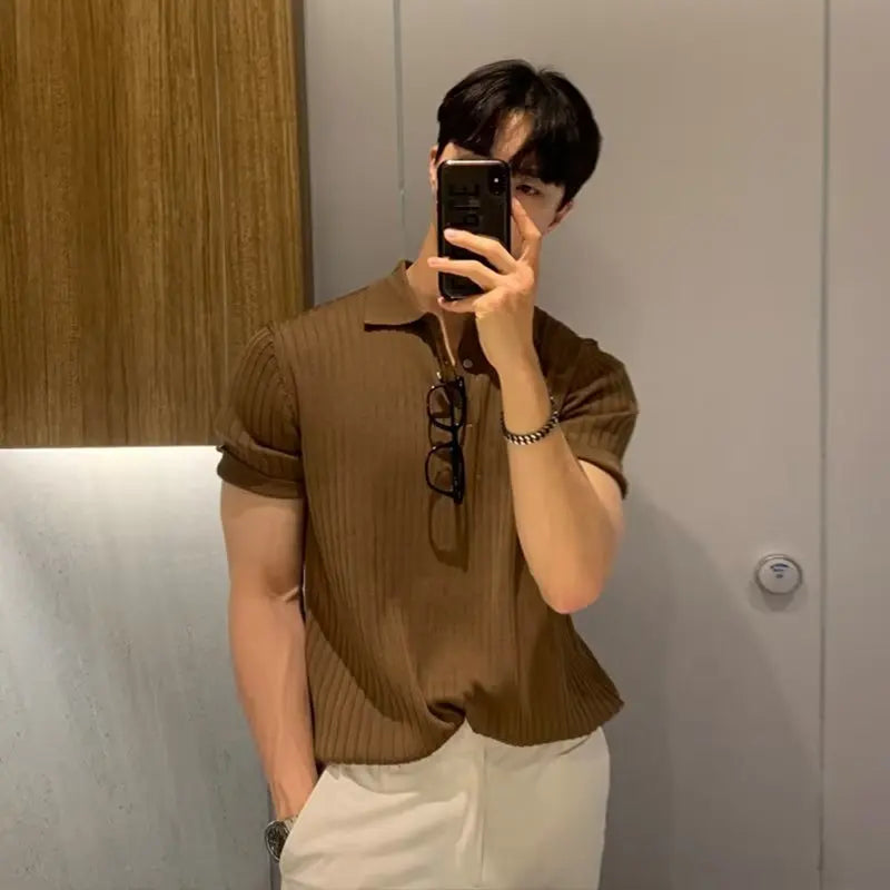 Summer Men's Clothing Retro Knit Lapel Striped Polo Shirt Solid Color Short Sleeve Fashion  Simple Casual Male Tops Size M-2XL