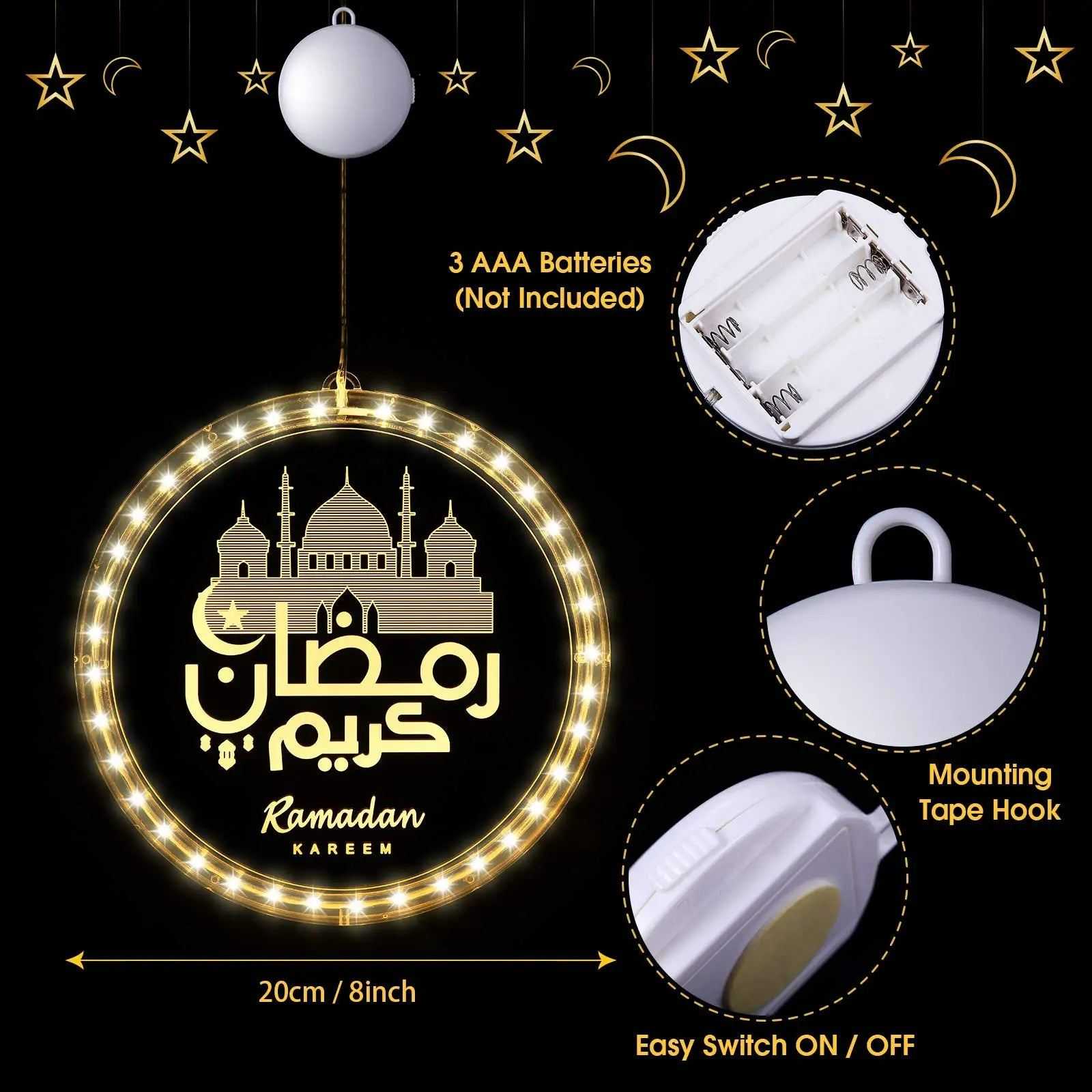 Eid Ramadan Decorative Window Lights Moon Star LED Lights Ramadan Lights Decorations for Eid Mubarak Xmas Eve Wall Pathway Patio