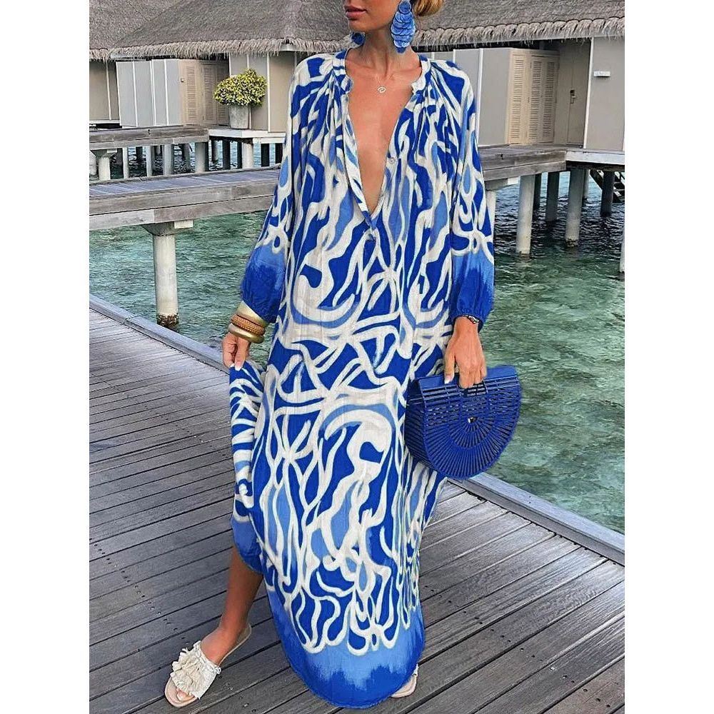 Women Boho Print Beach Cover Up 2023 Summer Sexy Deep V-Neck Long Sleeve Long Dresses Female Vintage Maxi Dresses Elegant Robe