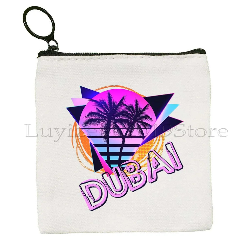 Dubai United Arab Emirates UAE Map Flag Asia Skyline Skyscraper Burj Khalifa Canvas Coin Purse Key Case Bag Wallet Zipper Pouch