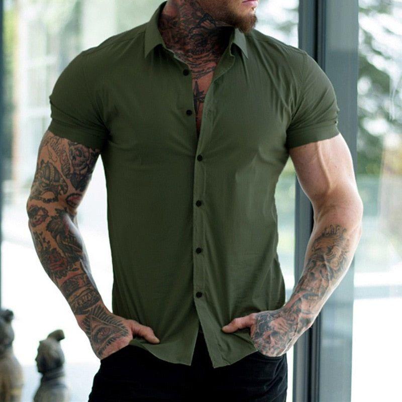 Summer Men Pure Color Comfortable Blouses Men Black Short-Sleeved Shirts Casual Sport Single Breasted Man Slim Fit Shirt top - Jointcorp