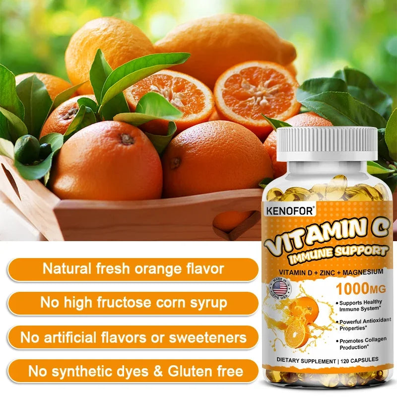 Vitamin C with Vitamin D, Zinc and Magnesium 1000мG Adult Daily Immune Supplement - Promotes Collagen Production and Skin Health