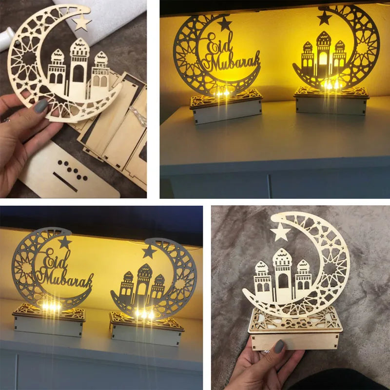 Ramadan Decoration For Home Eid al Fitr Moon Star LED Candle Lights Eid Mubarak Wooden Table Ornaments Islam Muslim Party Supply