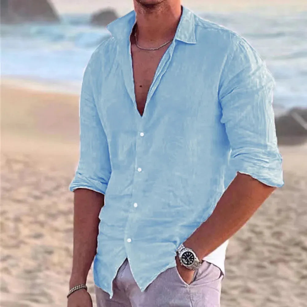 2023 New Men's Shirt Cotton linen Fashion Casual Polo Neck Beach Shirt Long Sleeve Solid Hawaiian Holiday Shirts
