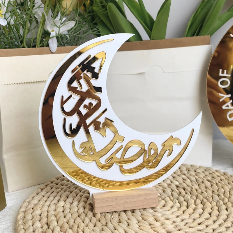 Muslim Acrylic Moon Ornaments 2025 Ramadan Kareem Decoration for Home Table Eid Mubarak Islamic Festival Party Gifts Supplies