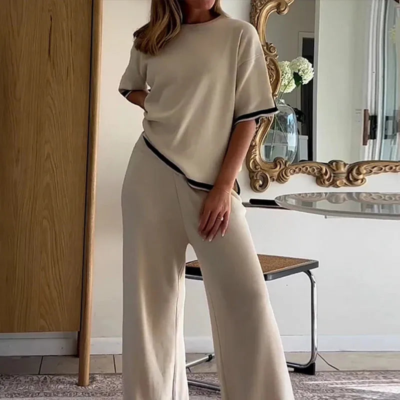 Women Two Piece Set Summer Casual Splicing Round Neck Short Sleeve Top Loose Wide Legs With Pockets Slit Pants Sets