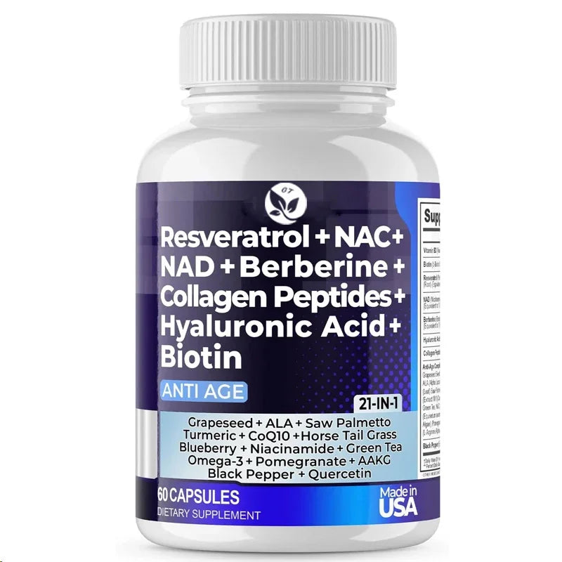 Resveratrol Nad Aspartate Hyaluronic Acid Grape And Blueberry Collagen Peptides Hair, Nail, Skin, And Joint Supplements Capsules