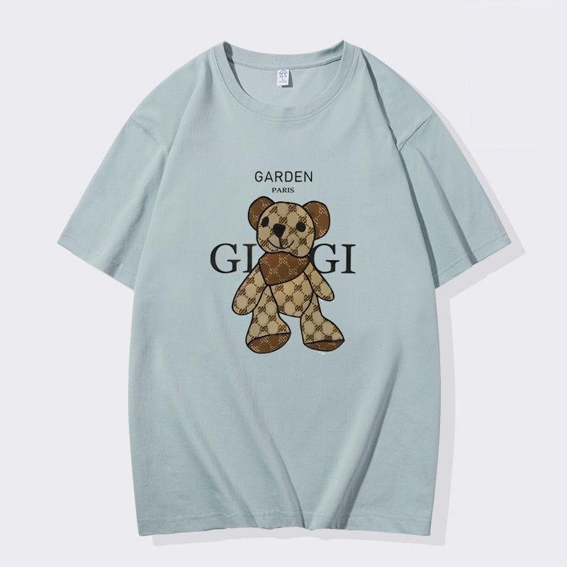 Summer Men's Little Bear Printed T-shirt 100% Cotton T-shirt Men's and Women's Casual Street Round Neck Large Top - Jointcorp