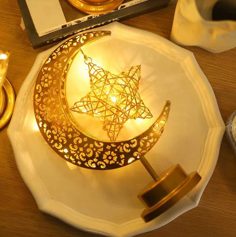 Eid Decoration LED Iron Ramadan Moon Lamp Star Metal Bedroom Table Lamps Night Light Ambient Lighting Muslim Eid