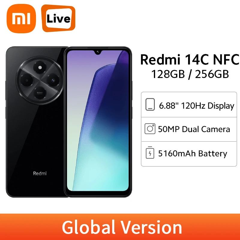 Global Version Xiaomi Redmi 14C NFC Smartphone MTK Helio G81-Ultra 6.88" 120Hz Display 50MP Camera 5160mAh 18W Fast Charging