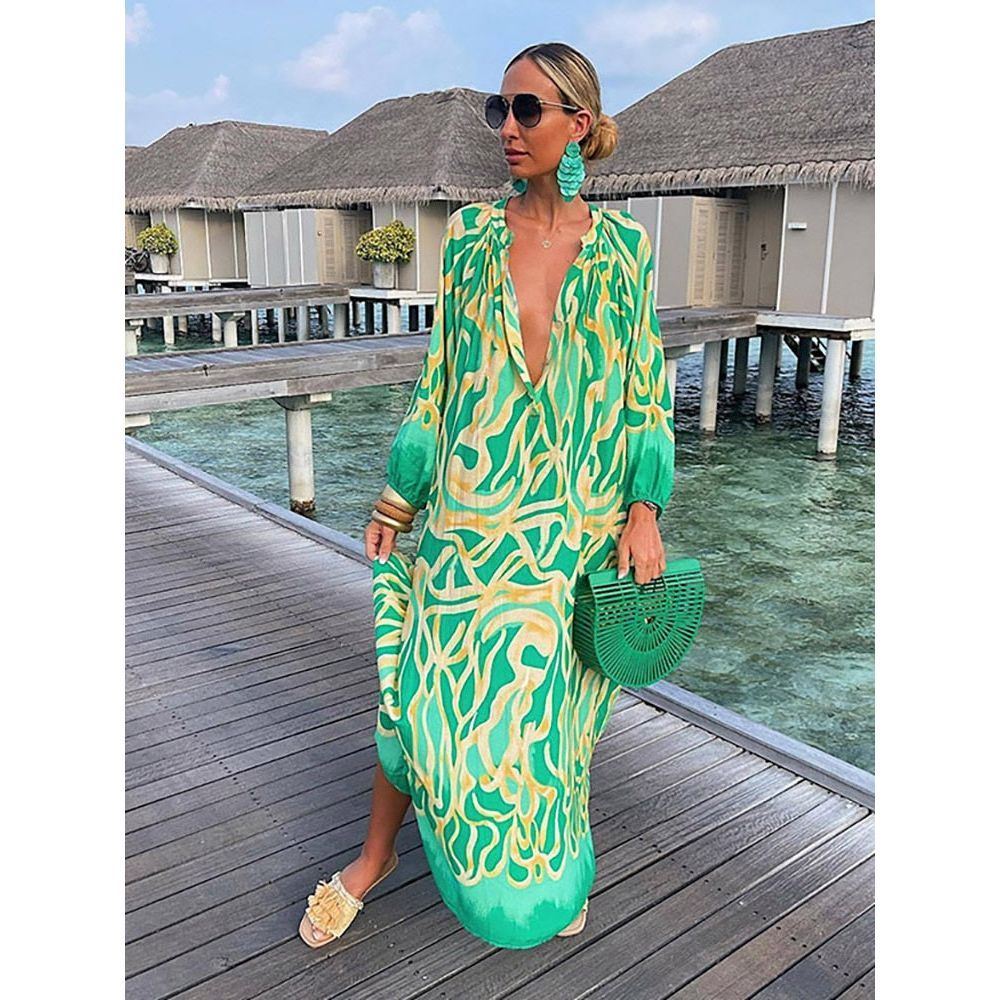 Women Boho Print Beach Cover Up 2023 Summer Sexy Deep V-Neck Long Sleeve Long Dresses Female Vintage Maxi Dresses Elegant Robe - Jointcorp