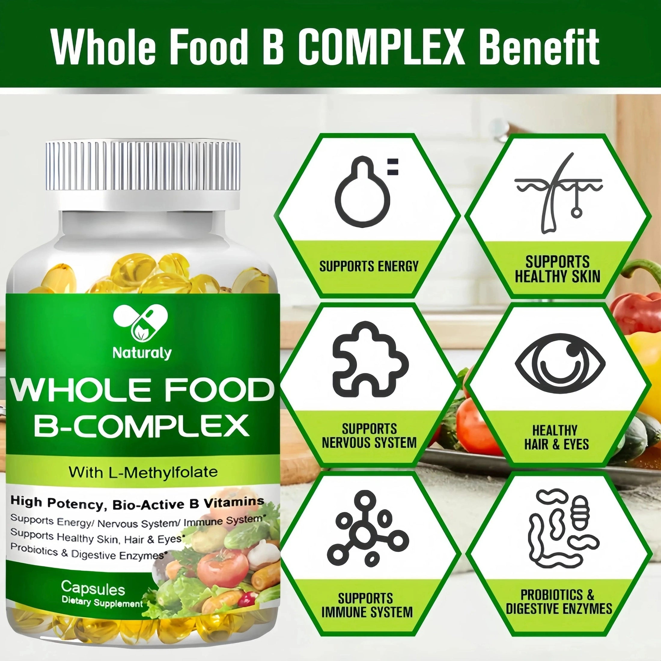 Vitamin B Complex Capsules B1, B2, B3, B5, B6, B7, B9, B12 Whole Food Supplement for Stress, Energy and Immune Support Non-GMO