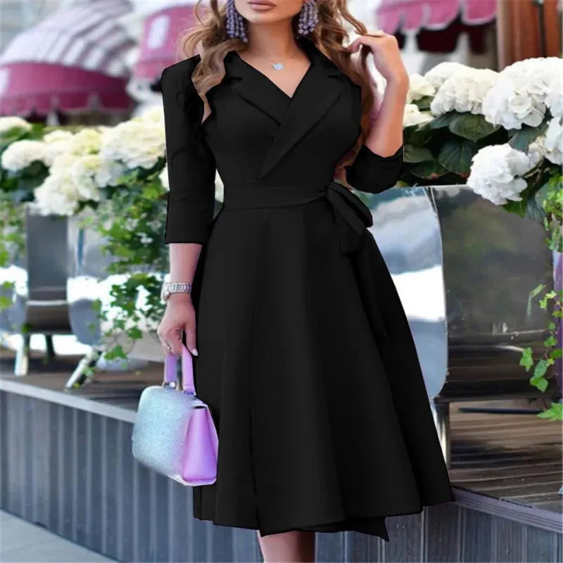 Women's Fashion V-neck Strap Waist Dress New Mid-sleeve Women's Dress Temperament Commuter Women's Dress