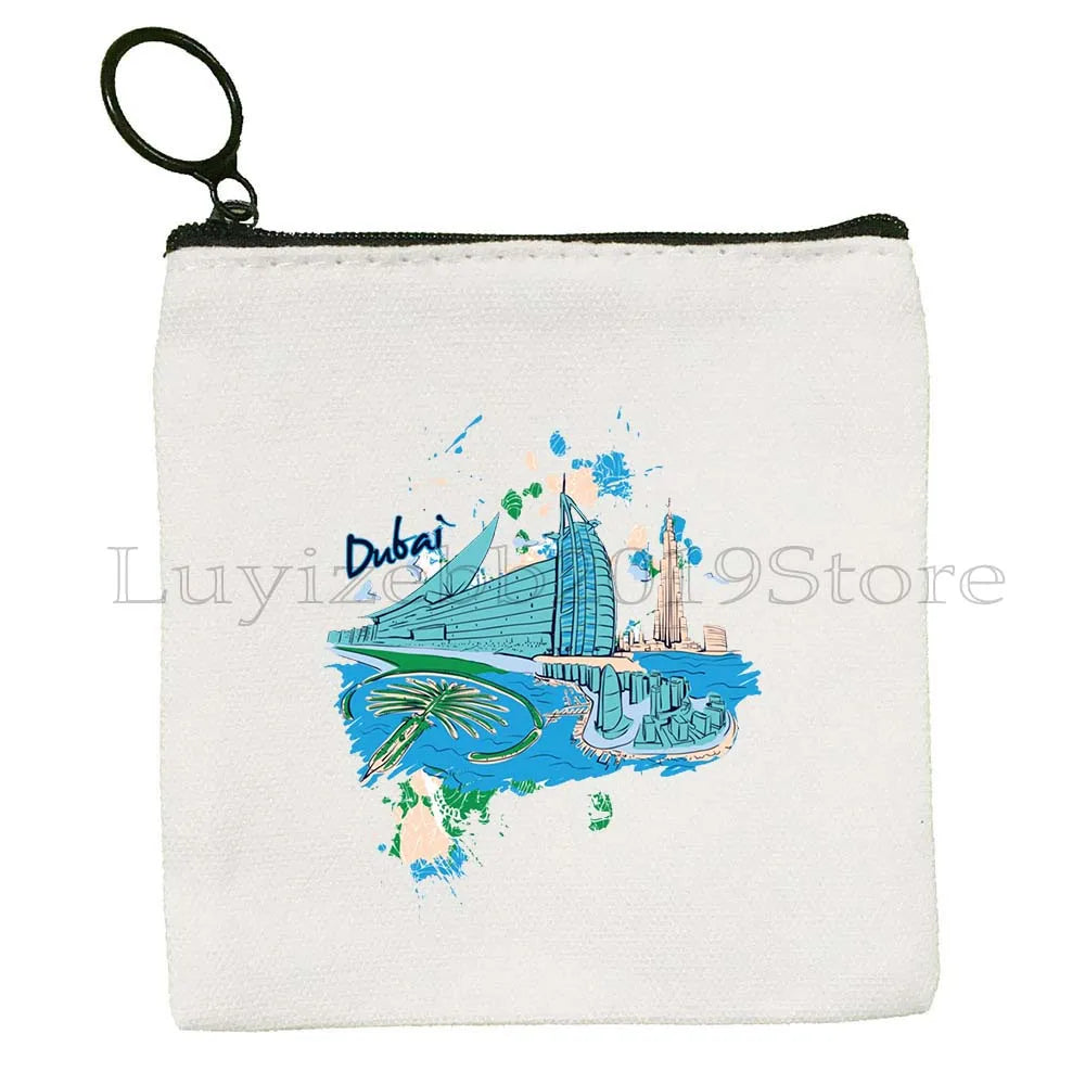 Dubai United Arab Emirates UAE Map Flag Asia Skyline Skyscraper Burj Khalifa Canvas Coin Purse Key Case Bag Wallet Zipper Pouch