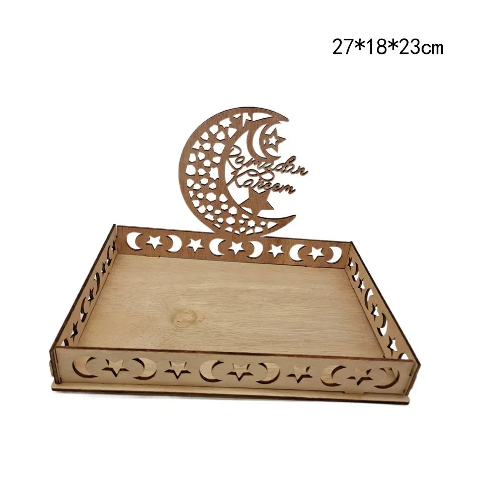 Wooden Eid Mubarak Moon Star Tray for Ramadan Kareem Food Holder Table Decoration Al Adha Islamic Muslim Party Supplies