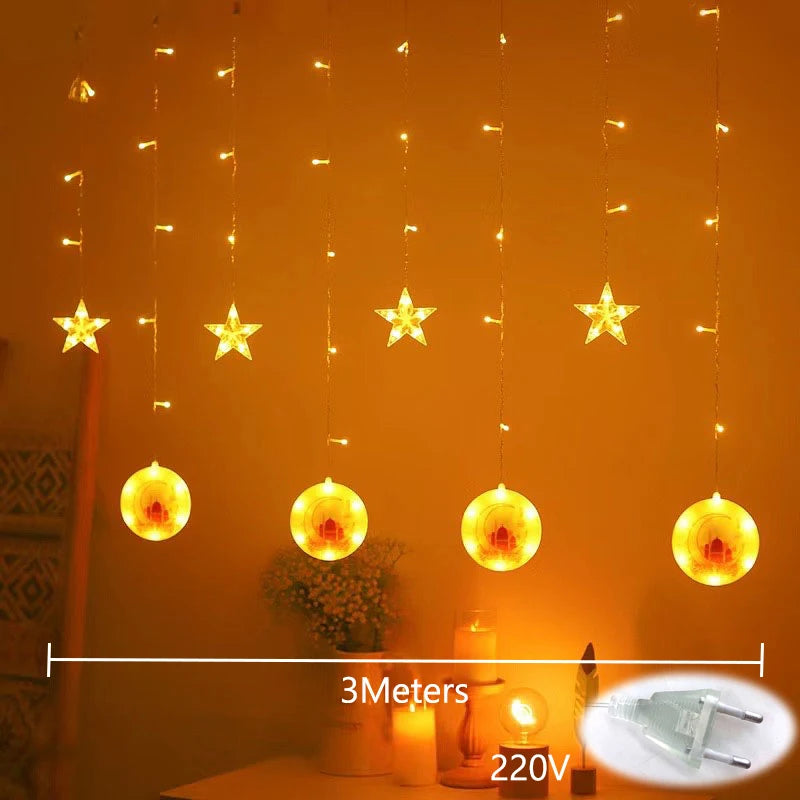 Eid al-Fitr Mubarak Star Moon Light String LED Night Lamp Window Fairy Light for Home Islamic Muslim Ramadan Indoor Decoration