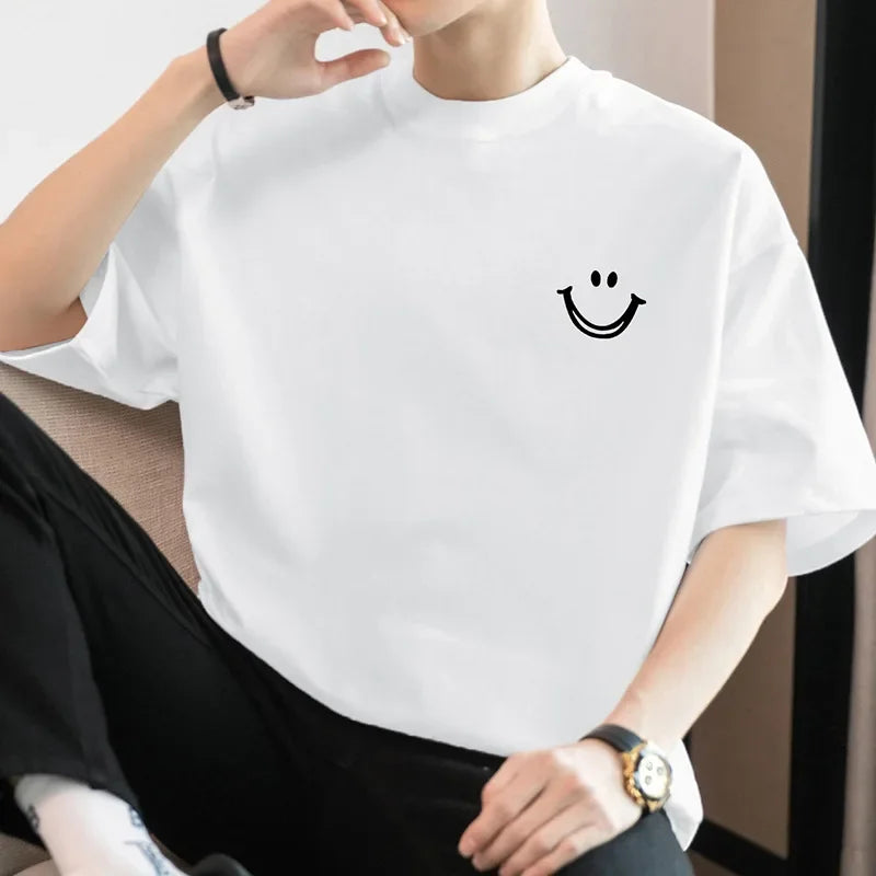 American Style Trendy Brand Men's Short Sleeve Cotton T-Shirt 260g Heavy Duty Pure Cotton White Round Neck Top