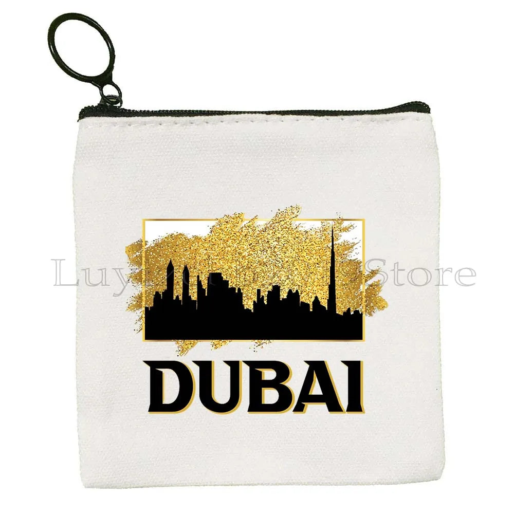 Dubai United Arab Emirates UAE Map Flag Asia Skyline Skyscraper Burj Khalifa Canvas Coin Purse Key Case Bag Wallet Zipper Pouch