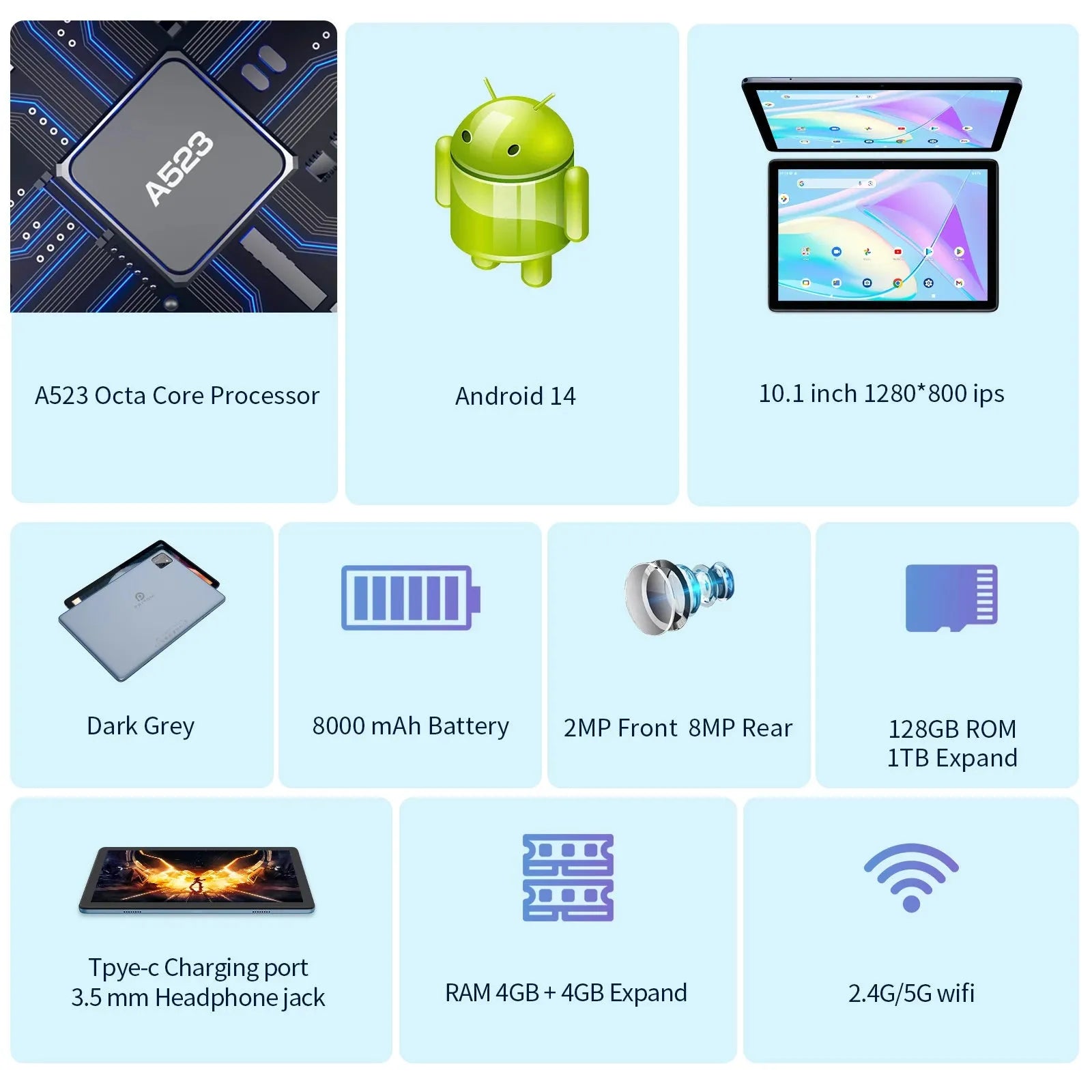 PRITOM TAB11 Android 14 Tablet, 10 Inch, Octa-Core, 5G WiFi6, 128GB, 8000mAh, HD IPS Display, Dual Camera, Bluetooth, FM, TYPE C