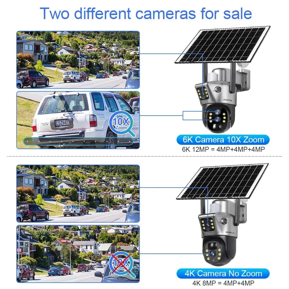 LS VISION 6K 10X Zoom 4G Sim Dual Screen Solar Powered Camera Outdoor Three Lens PTZ Auto Tracking Security Cameras V380 Pro APP