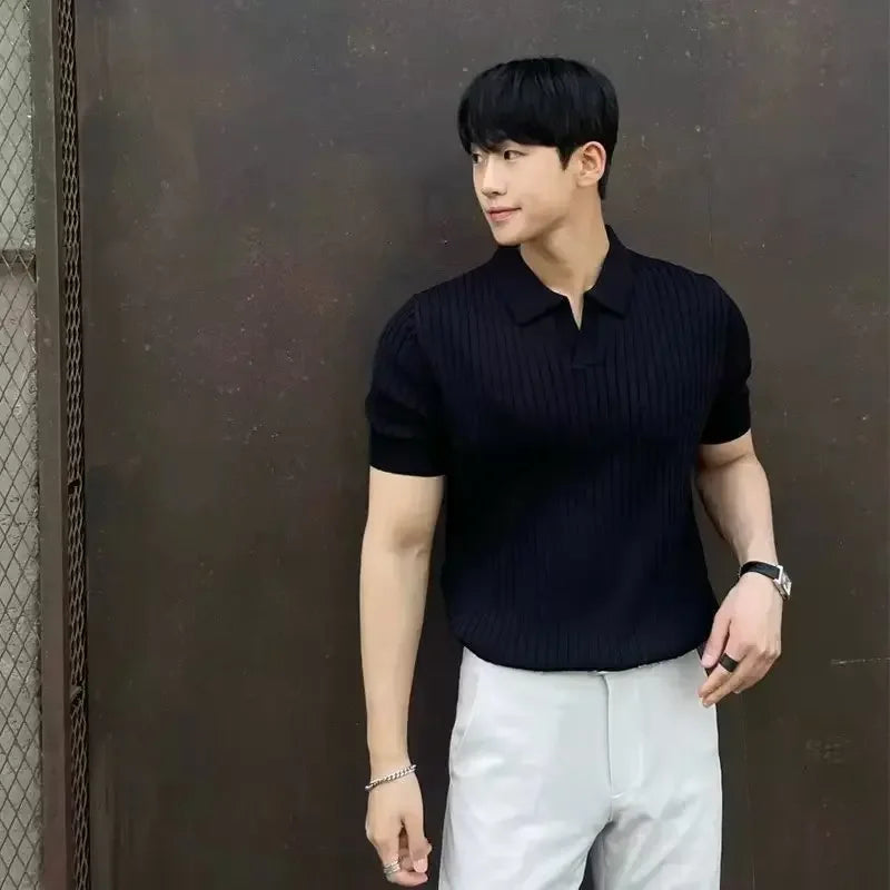 2024 Summer Men's Ice Silk Lapel Polo Short Sleeve Thin Fashionable V-neck Striped Knit Base Layer Top Men's Shirt